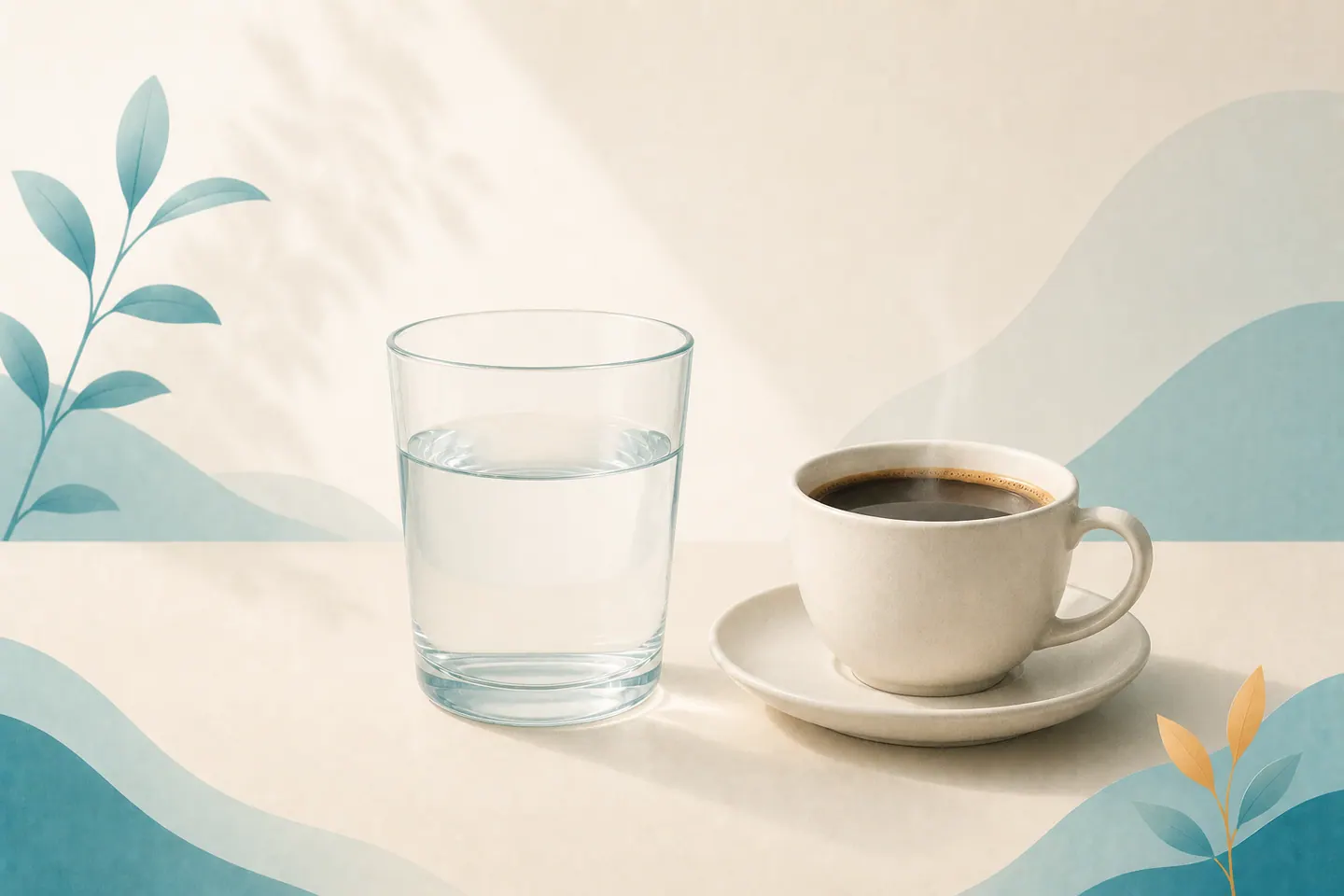 コーヒーカップの横の水一杯 — 恥ずかしい膀胱とアルコール、カフェイン、水分