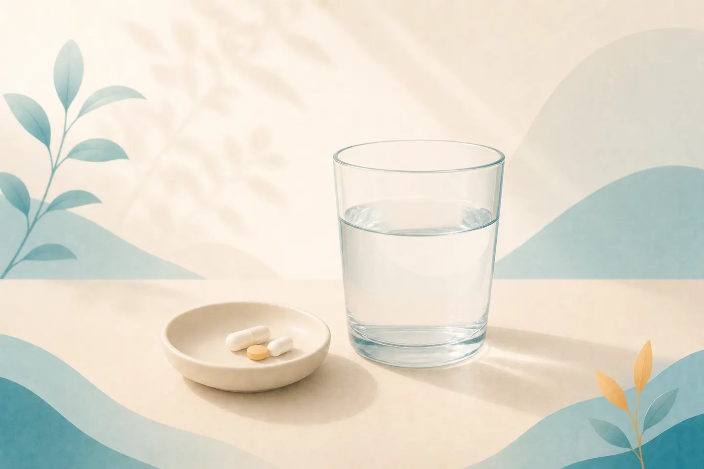 水一杯と小皿に入った錠剤 — 排尿恐怖症のための薬