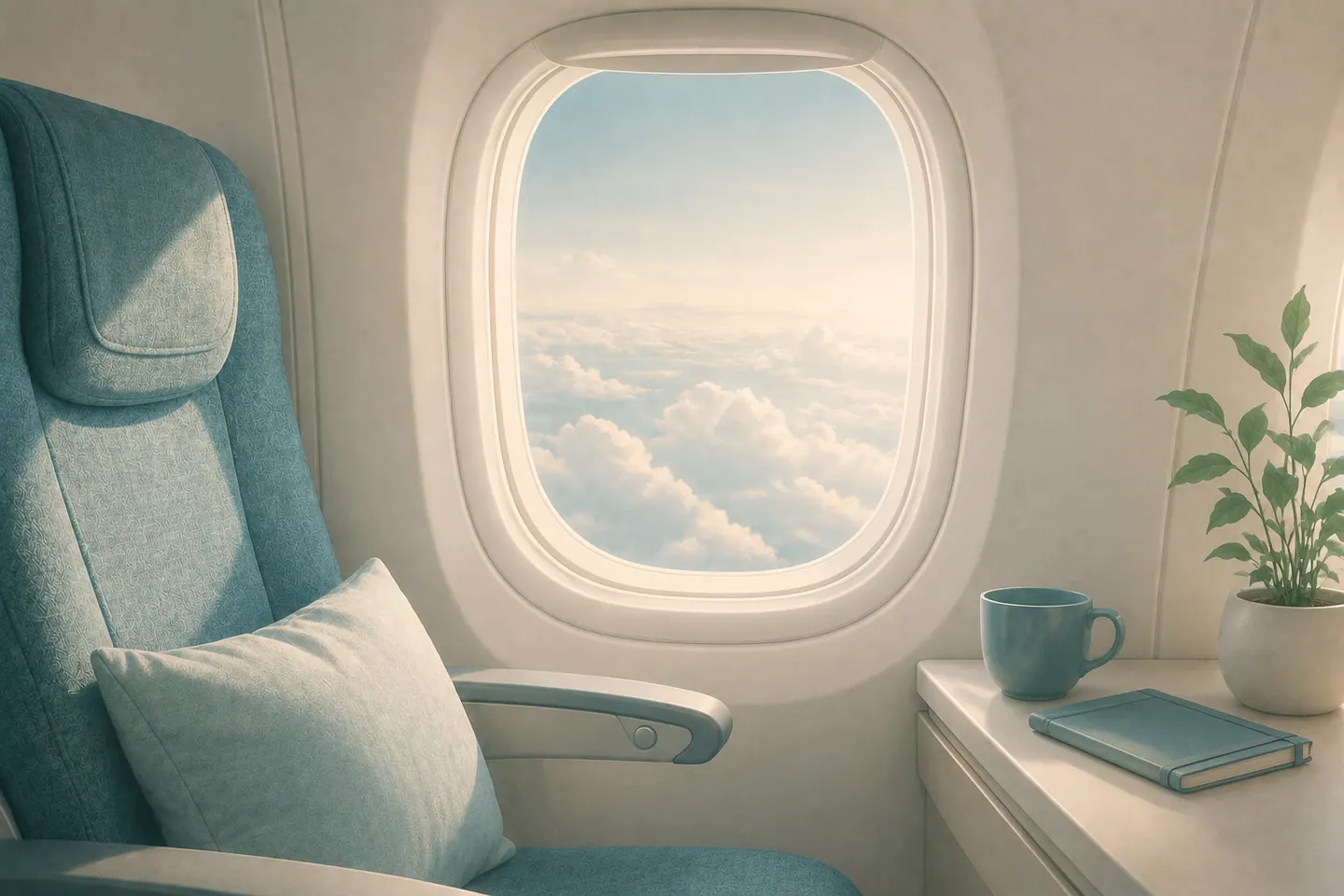 空の景色が見える穏やかな機内の窓側席 — 排尿恐怖症と飛行機の旅