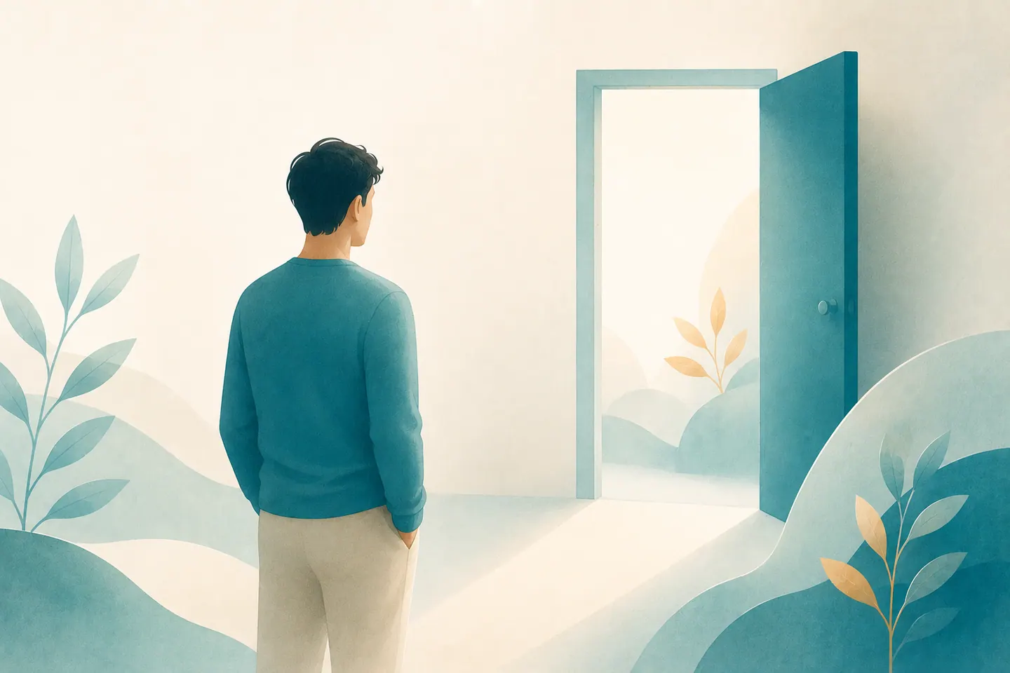 やわらかな光の下、トイレのドアの近くで物思いに立ち止まる人 — 排尿恐怖症の症状